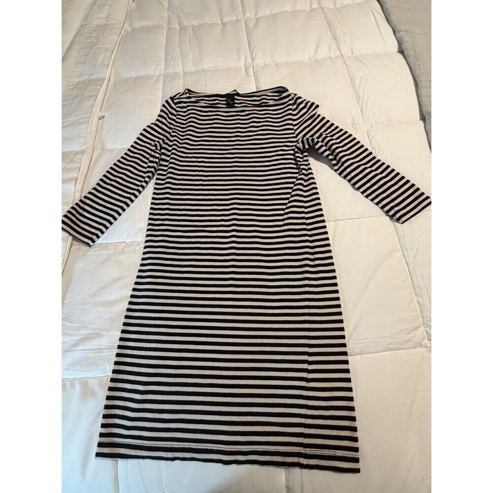 H&M BLACK & TAN COTTON STRETCH STRIPED 3/4 SLEEVE CASUAL MINI DRESS SMALL